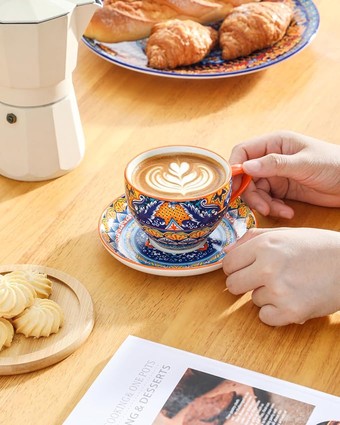 vancasso 8oz Cappuccino Cups with Saucers, Bohemian Coffee Cup for Latte, Espresso, Tea Porcelain Tea Cups and Saucers Set of 6 Teacup Microwave & Dishwasher Safe