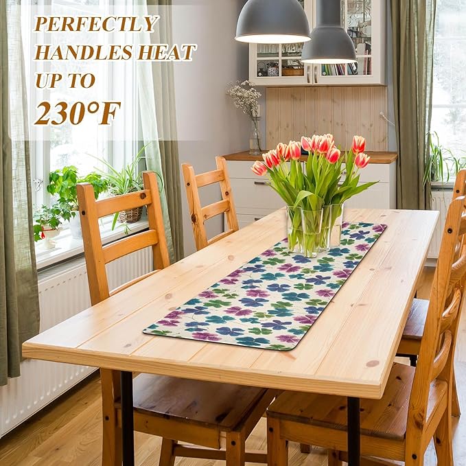2-in-1 Table Runner Trivet for Hot Dishes Heat Resistant Hot Plate Mat Pad 39x12 Inch Waterproof Table Protector Trivets for Countertop Decorative Beige Clover Leaves