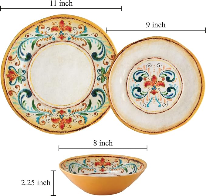 UP 12 Piece Tuscany Melamine Dinnerware Sets, Outdoor Dishes Set, Plates and Bowls Sets, Service for 4, Multicolor