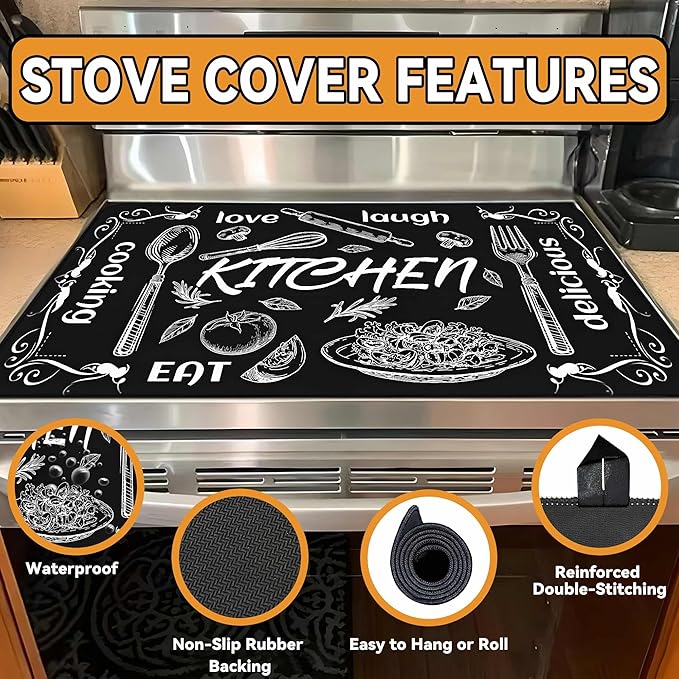 Decorative Stove Top Covers for Electric Stove 28"x20" – Heat Resistant Glass Cooktop Protector Dish Drying Mat – Non-Slip Rubber Backing Washer Top Cover Waterproof Extra Counter Space (Kitchen 1)