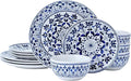 Pfaltzgraff Medallion Radiance 12 Piece Stoneware Dinnerware Plate Bowl Dish Set, Service for 4, Blue