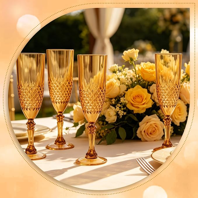 Plastic Champagne Flutes, Champagne Glasses Bulk, Reusable Unbreakable Acrylic Wine Glasses Goblets for Weddings Bachelor Parties Toasting Bridal Shower (12,Amber)
