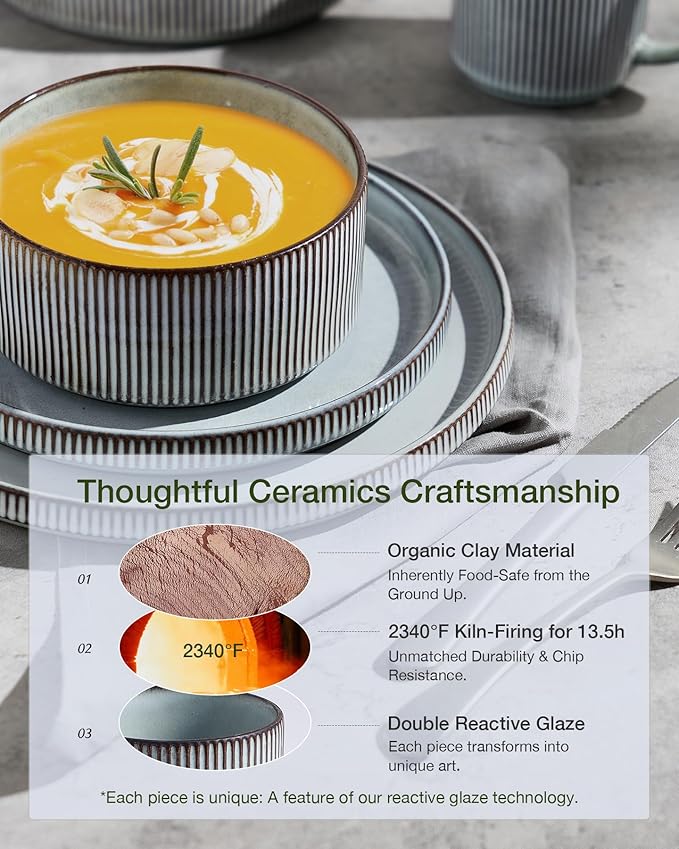 Famiware Star 24-Piece Stoneware Dinnerware Sets, Service for 6 - Shallow Pasta Bowls & Flat Plates, Modern Rustic Reactive Glaze Dishes, Chip/Scratch Resistant, Microwave/Dishwasher Safe, Smoky Blue