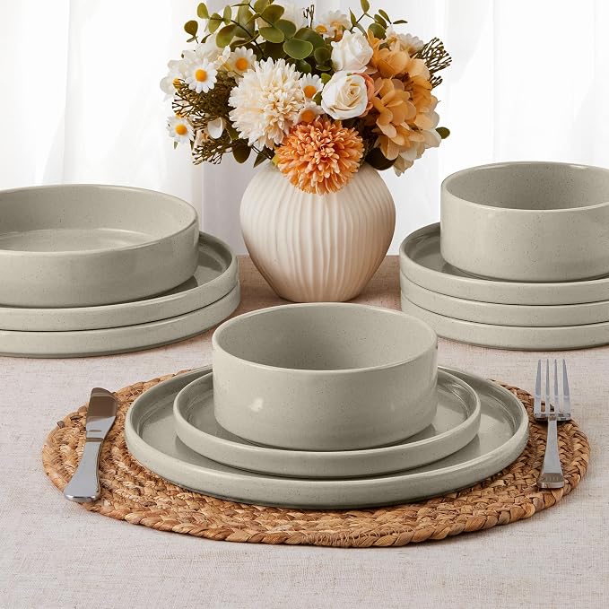 E-far Dinnerware Sets for 8, 24-Piece Stoneware Plates and Bowls Dish Set, Modern Kitchen Dinning Dishware, Chip and Scratch Resistant, Microwave & Dishwasher Safe, Speckled Khaki