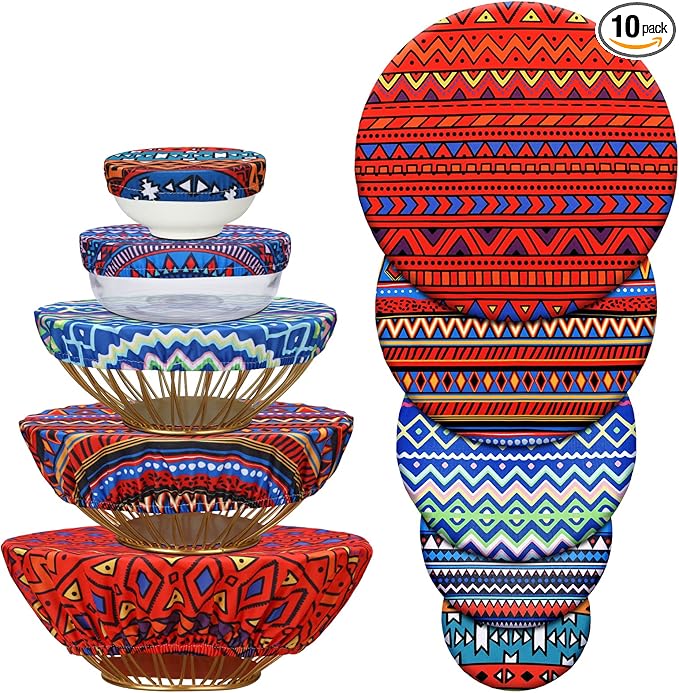 Patelai 10 Pcs Bowl Covers Reusable in 5 Size Stretch Cloth Fabric Elastic Food Storage Bowl Covers Bread Sourdough Lids for Proofing Food Fruits Leftover(Multicolor,Fresh Style)