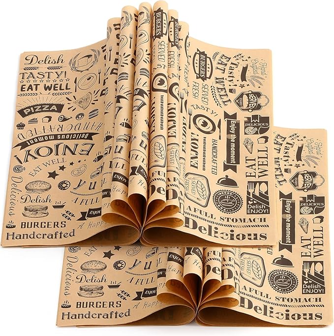 Marspark 400 Pcs Deli Wax Paper Sheets 12 x 12 Inches Square Grease Resistant Tray Basket Liners Hot Dog Wrappers Newsprint Water and Grease Proof Sandwich Wrapping Paper for Food Baking (Brown Black)