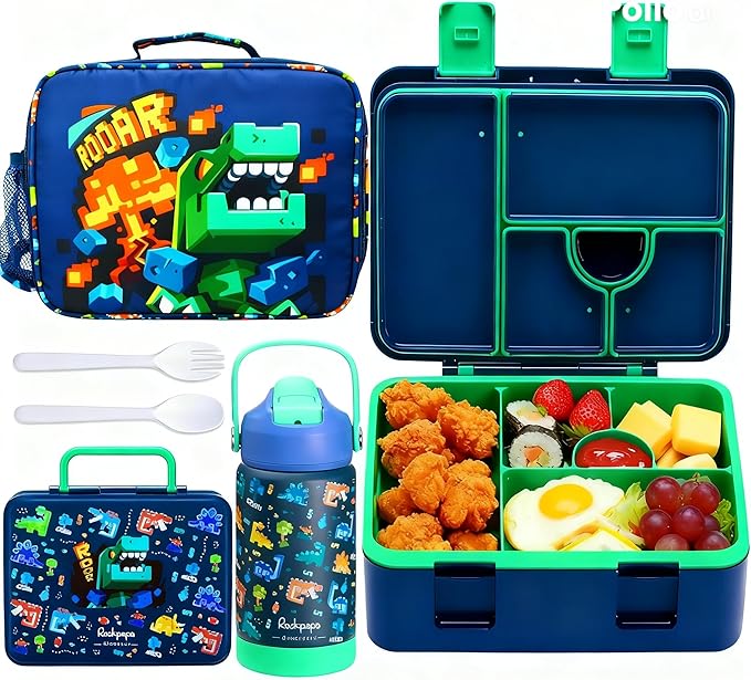 rockpapa Kids Lunch Box Set with 14oz Insulated Water Bottle & Lunch Bag, Leakproof 5.5 Cups Bento Box for School & Children, BPA-Free, Microwave Safe for Boys Girls (Blue Dinosaur)