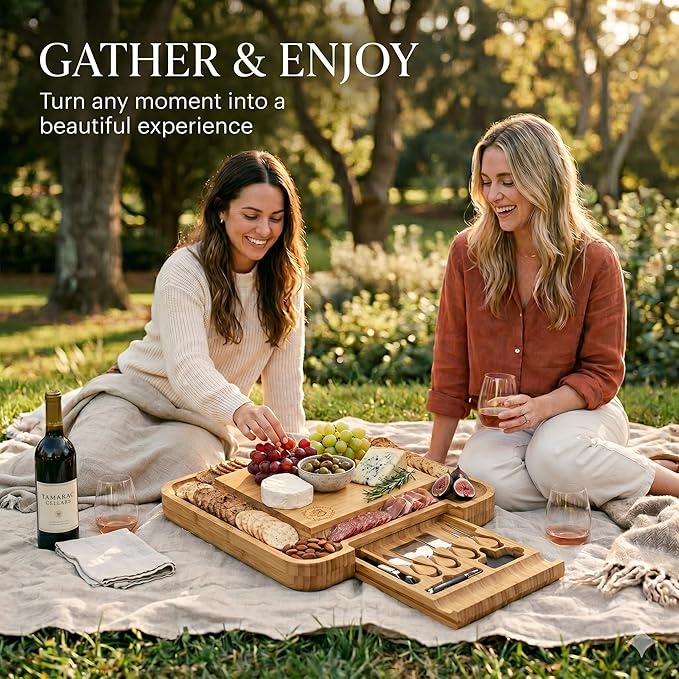 Charcuterie Boards Gift Set - Bambusi Bamboo Cheese Board Set with Serving Tray and Knives, Meat and Cheese Platter for Hosting, Gifts Fot Women, Mom, Wedding, Housewarming, Birthday, Mothers Day