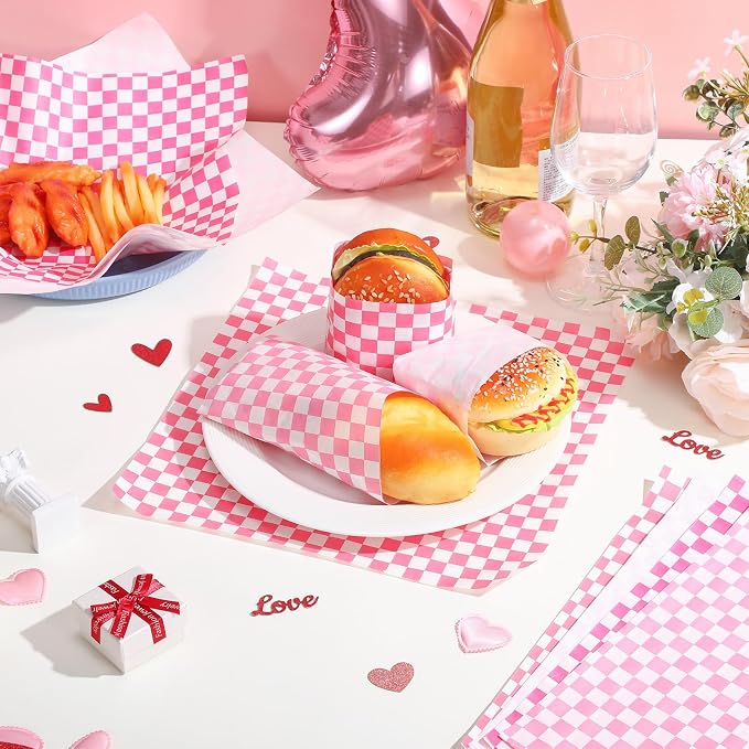 Spakon 1000 Sheets Wax Deli Paper Sheets for Food 12 x 12 Inch Checkered Dry Waxed Deli Basket Liners for Sandwich Wrapping, Food Basket Liners, Picnic party(Pink-white)