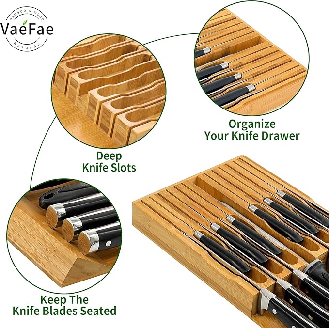 VaeFae Bamboo Silverware Drawer Organizer and Bamboo Knife Drawer Organizer Insert Bundle