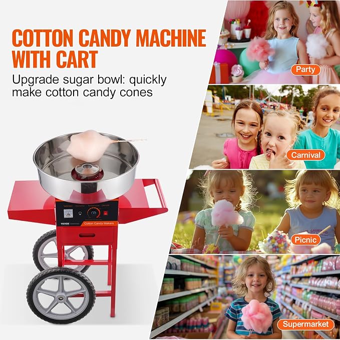 VEVOR Electric Cotton Candy Machine Cart, 1000W Commercial Floss Maker w/Stainless Steel Bowl, Sugar Scoop and Drawer, Perfect for Home, Carnival, Kids Birthday, Family Party, Red