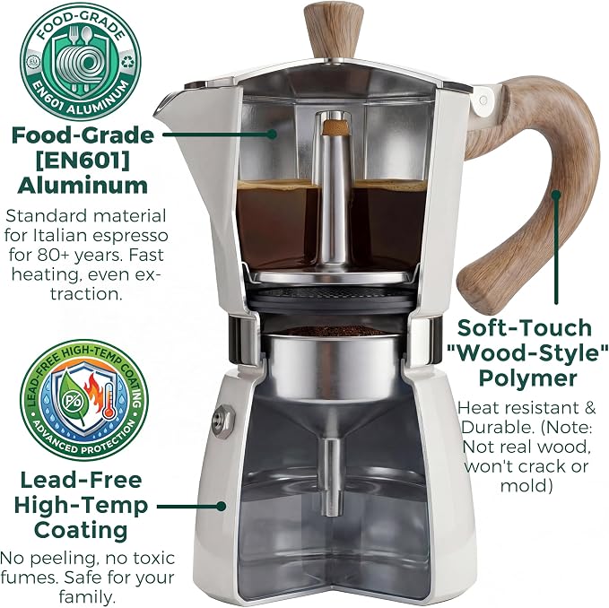 AGOGO Milano Moka Pot Stovetop Espresso Maker with 100 Paper Filters for Sediment-Free Coffee, Classic Italian Greca with Wood-Grain Handle,Cleaning Brush & Towel 6 Cup (10oz / 300ml) Cream