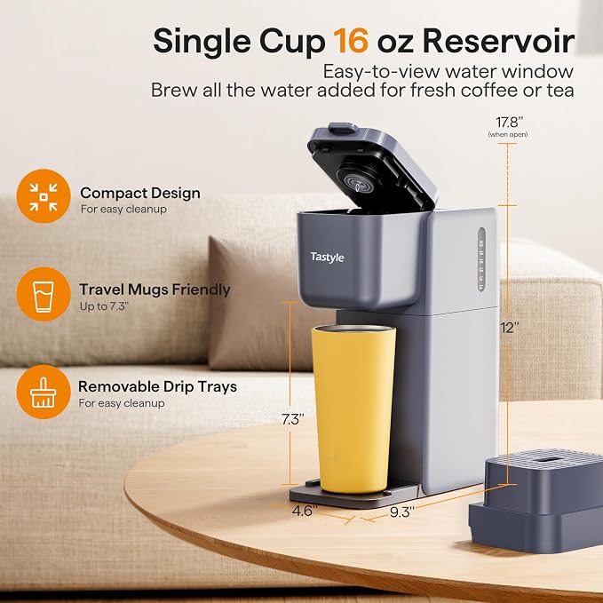Tastyle Single Serve Coffee Maker for K Cup, Ground and Tea, Hot and Iced Coffee Machines with Bold Setting, 6 to 16 Oz Brew Sizes, Compact for Small Spaces, Gray (2.0 Version)