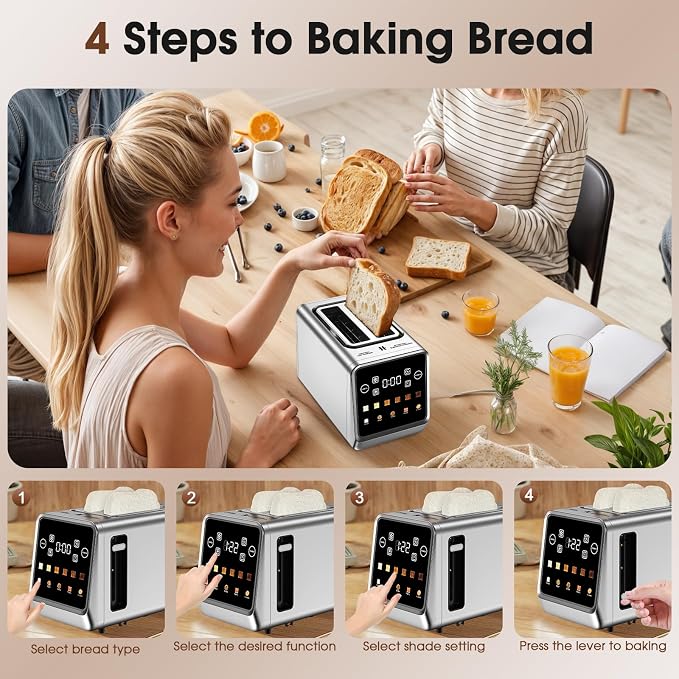 Touch Screen Toaster 2 Slice, Stainless Steel Smart Digital Toasters with Single Slot Toasting, Memory Function, 5 Bread Types & 6 Shade Settings,1.5" Wide Slot, 900W