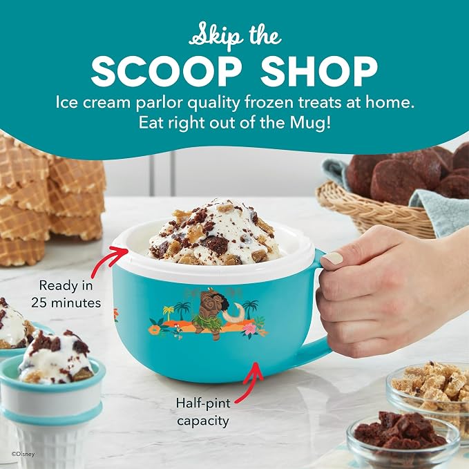 Disney | Dash Moana My Mug Ice Cream Maker — Electric Countertop Soft Serve Ice Cream Machine, Single Serve Half-Pint Moana Mug with Ingredient Chute & Recipe Guide