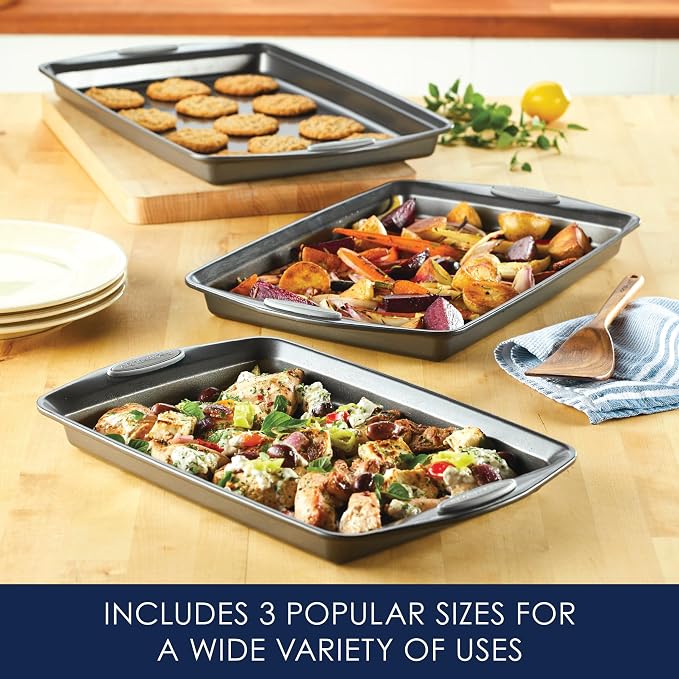 Rachael Ray Bakeware Nonstick Cookie Pan Set, Gray with Sea Salt Gray Silicone Grips, 3-Piece