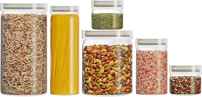 Pyrex 6-Pack Glass Canister Set - Lightweight Dry Food Storage Containers with Glass Lids for Kitchen and Pantry Organization