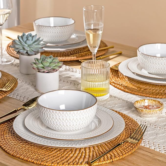 GBHOME Ceramic Dinnerware Sets,12 pcs Embossed Elegant Stoneware Plates and Bowls Sets, Housewarming Wedding Gift | Dishwasher & Microwave Safe | Dishes Set Service for 6