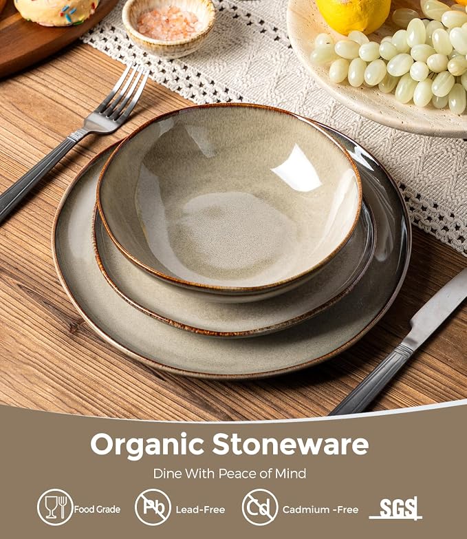 GBHOME Stoneware Dinnerware Sets for 4,12 Pieces Rustic Earthenware Plates and Bowls Set,Handmade Reactive Glaze Ceramic Plate Sets, Chip Resistant Dishes, Microwave & Dishwasher Safe, Smokey Taupe