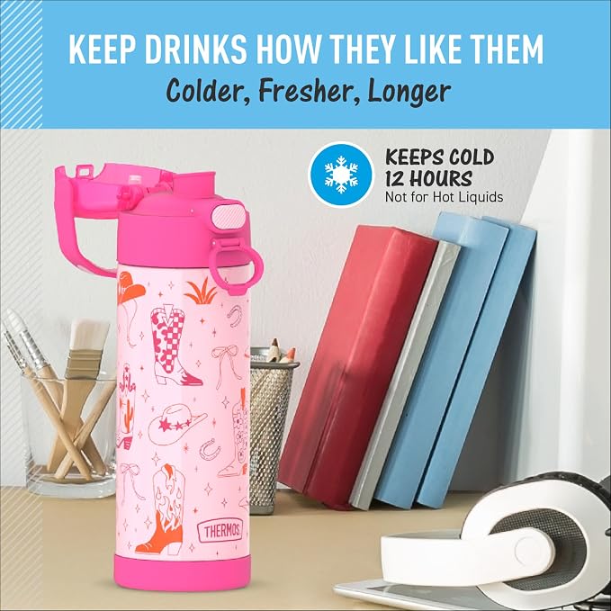 THERMOS FUNTAINER 16 Ounce Stainless Steel Vacuum Insulated Bottle with Wide Spout Lid, Cowgirl Charm