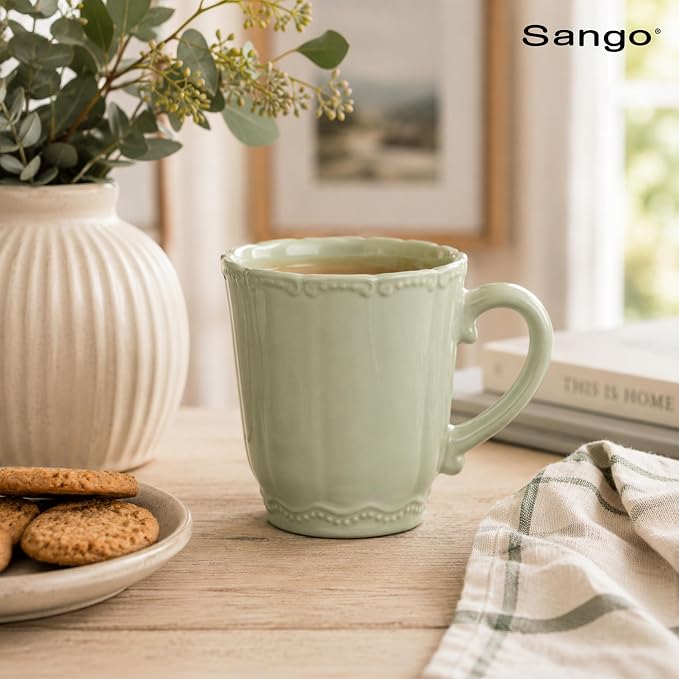 SANGO Bethany Sage Mugs Set of 4, 12 oz Stoneware Green Coffee Mugs, Vibrant Ceramic Drinkware for Coffee, Tea or Cocoa, Durable Everyday Cups, Dishwasher & Microwave Safe, Kitchen Mug Set
