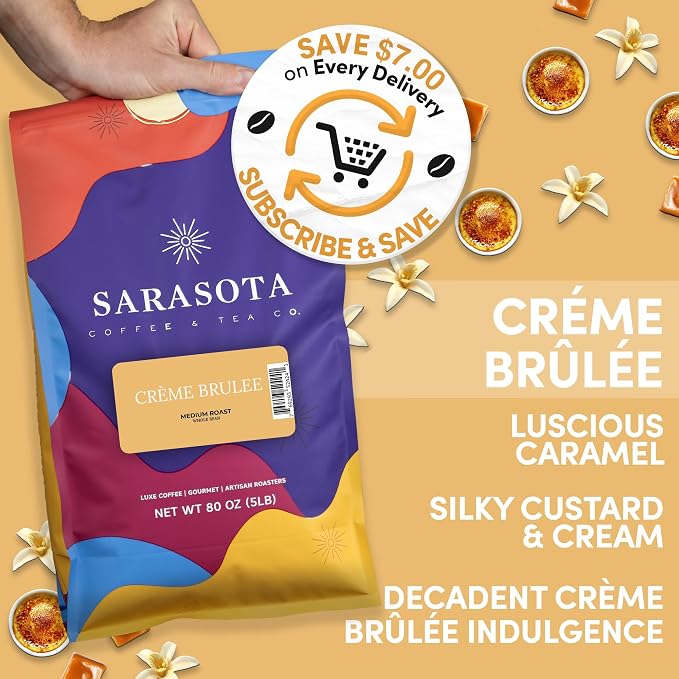 Sarasota Coffee Whole Bean Creme Brulee | Medium Roast Gourmet Flavored Coffee Beans | Low Acid, Mold Free, Specialty Grade Bulk Beans | 5lb (80 oz)