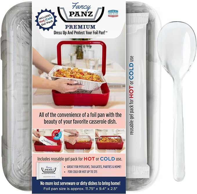 Fancy Panz Marble Premium Aluminum Foil Pan Carrier with Secure Latch Lid & Hot/Cold Gel Pack - Made in USA Reusable Casserole Carrier for Half Size Pans - Food Transport Holder for Entertaining