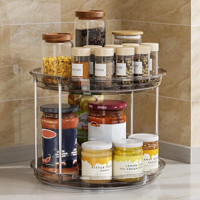 LAMU 2 Pack 2 Tier Lazy Susan Turntable Organizer 9.25'' Rotating Spice Rack Organization for Cabinet, Kitchen, Pantry, Countertop, Bathroom, Vanity, Medicine Cabinet Organizer, Grey