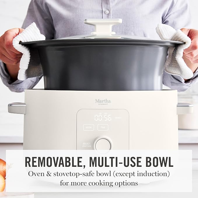 Martha Stewart 8 QT Slow Cooker, Programmable with Timer, 3 Heat Settings (Low, High, Warm), Nonstick Ceramic Removable Crock, Stovetop & Oven Safe, Glass Lid, Simmer, Reheat, Warm, Linen