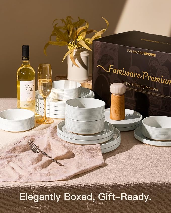 Stoneware Dinnerware Sets for 8, 24-Piece High Edge Plates and Bowls with Speckled Glaze & Spiral Design - Chip & Scratch Resistant, Microwave & Dishwasher Safe - Gift Box, White