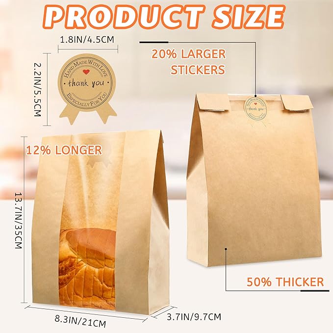 25 Pcs Bread Bags for Homemade Bread, Sourdough Paper Bags With Window, 50% Thicker 13.7x8.2x3.7in A Large Bakery Bag Used for Storage Bakery Cookies & Snacks, 40 Cute Sealing Stickers with Ties