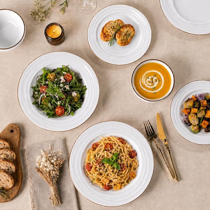 GBHOME Ceramic Dinnerware Sets,12 pcs Embossed Elegant Stoneware Plates and Bowls Sets, Housewarming Wedding Gift | Dishwasher & Microwave Safe | Dishes Set Service for 4
