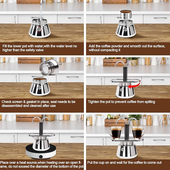 2 Cup Dual Pipe Moka Pot Stainless Steel Stovetop Espresso Maker Cafeteras Italian Percolator Espress Makers Capable Greca Mocha Coffee Machine for Induction Home 150ml 5.1oz