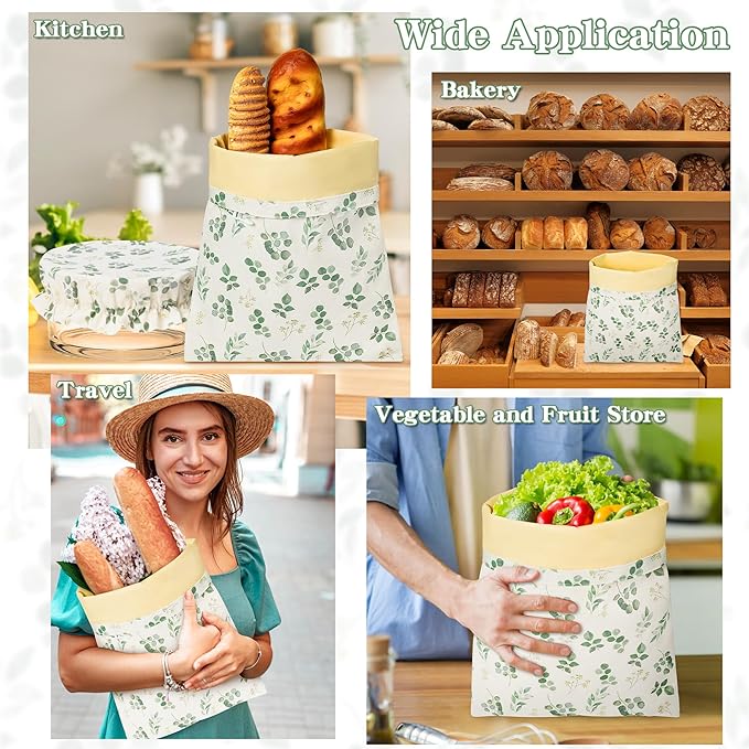 Reusable Beeswax Bread Bags - 3 Pack Bees Wax Food Bag, Homemade Sourdough Bread Storage with Bowl Cover, Linen Cotton Large Beeswax Freezer Container for Home Kitchen (Eucalyptus Leaf)