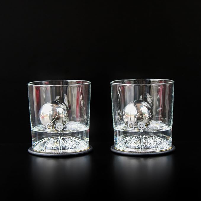 NOBLESIP® Whiskey BASKETBALL Glasses 𝗣𝗥𝗘𝗠𝗜𝗨𝗠 Set: 2 Glasses, 2 Steel Chilling Balls, 2 Coasters. Best for a Player, Coach, Fan to enjoy his Bourbon, Old Fashioned, Cocktail. Whisky men gift