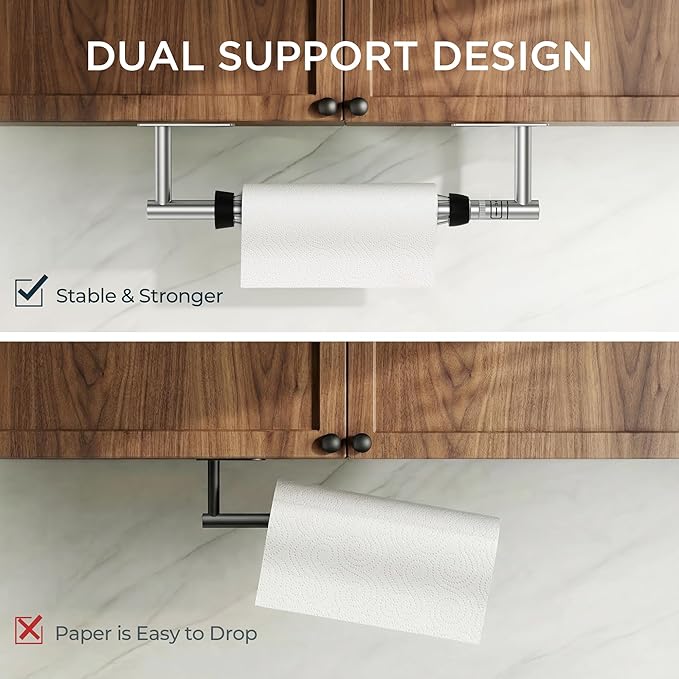 FORIOUS Paper Towel Holder Under Cabinet, Single Hand Operable with Adjustable Damping for Easy Tear, Adhesive or Drill Wall Mount,304 Stainless Steel Commercial Paper Towel Holder for Kitchen, Silver
