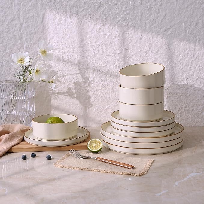 Famiware Nebula Plates and Bowls Sets, 18 Pieces Stoneware Dinnerware Sets, Microwave and Dishwasher Safe Dish Set, Dishware Sets for 6, Vanilla White with Brown Rim
