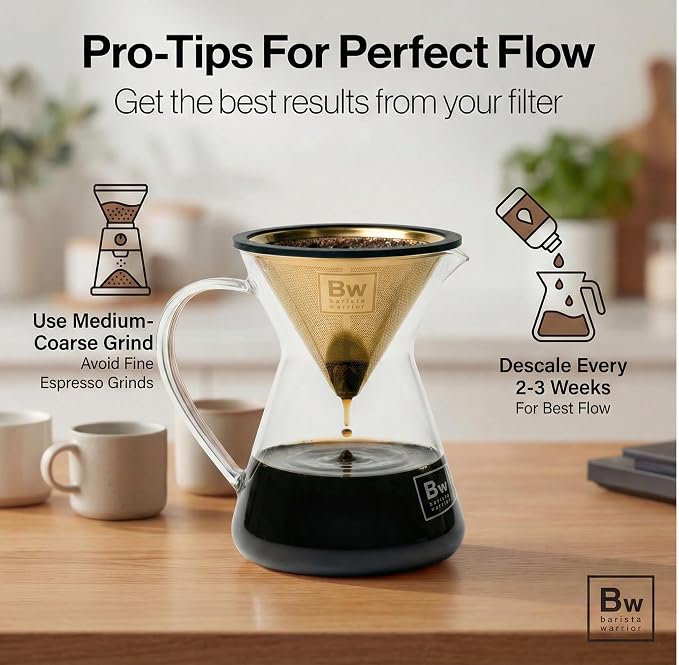 Barista Warrior Reusable Coffee Filter - Stainless Steel Pour Over Dripper, Compatible for Chemex, Hario V60 & Drippers, Easy to Clean Flavorful Brew Fine Mesh Coffee Filter - Gold Titanium Coated