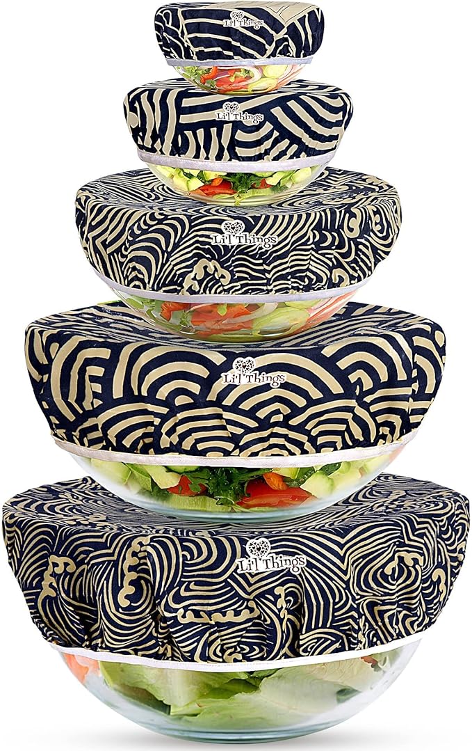 Beeswax Bowl Covers Set of 5 (XS–XL) – Reusable Elastic Food Covers for Bowls – Organic Cotton with Beeswax, Washable & Plastic-Free | Li’l Things – Japanese Waves