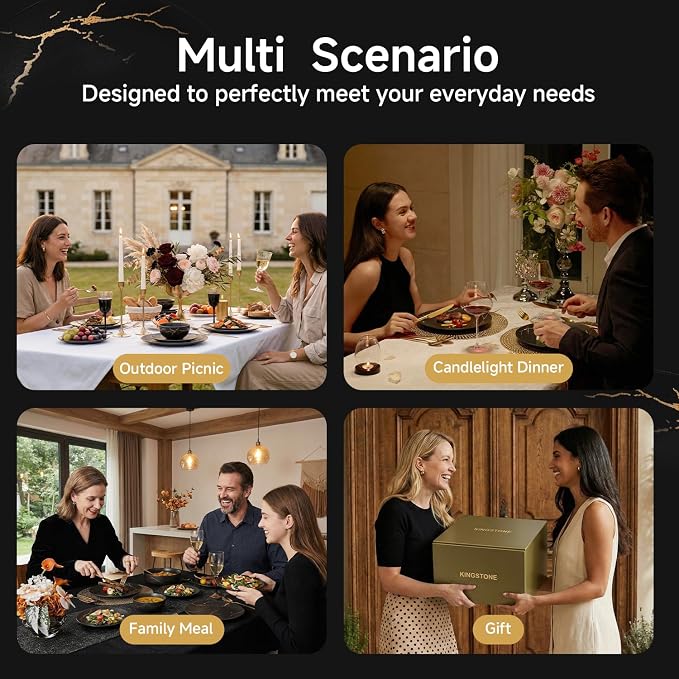 KINGSTONE Dinnerware Sets for 6, Black & Gold Plates and Bowls Sets Matte Vein Dish Set, Modern Luxury Tableware Dinner Salad Plate bowl, for Home Wedding Party Gifts (18 Piece)