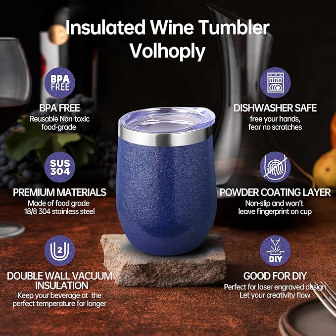 Volhoply 12oz Stainless Steel Wine Tumbler with Lid Bulk 8 Pack,Double Wall Vacuum Stemless Wine Glasses,Reusable Metal Travel Coffe Mug with Straw,Insulated Cup Gifts for Women,Christmas（Navy,8 Set）
