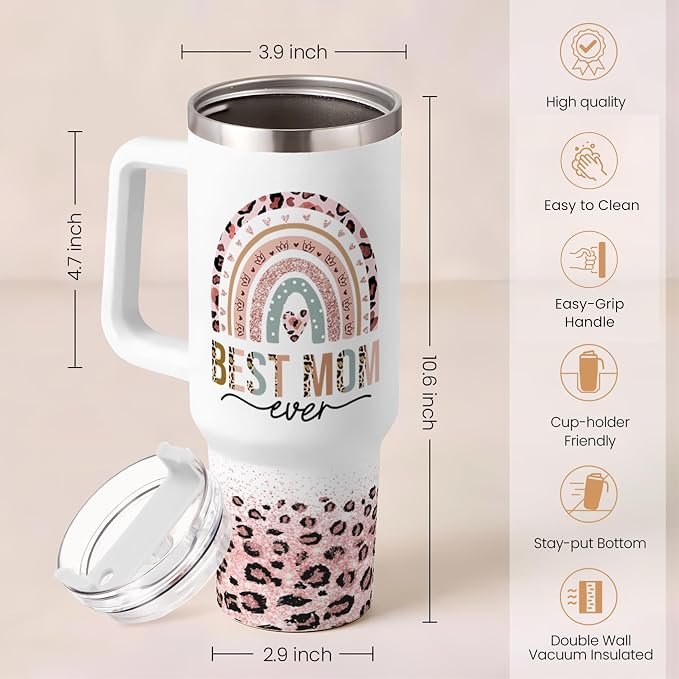 SANDJEST Mom Gifts for Women Mom Nutrition Facts Tumbler Stainless Steel 40oz with Handle Insulated Travel Cup Best Mom Ever Coffee Cup, Mother's Day Christmas Birthday Gifts from Son Daughter
