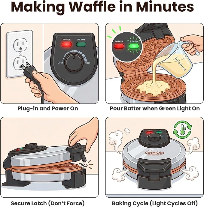 Elite Gourmet Belgian Waffle Maker with PFAS-Free CeramiCrisp™ Ceramic Nonstick Plates, Adjustable Browning Control, 1100W Heating, Power & Ready Indicator Lights, Vertical Storage, Stainless Steel