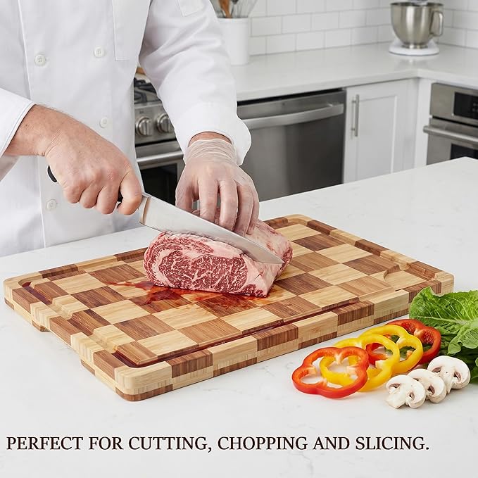 XL Bamboo Cutting Board for Kitchen Extra Large Checkered End Grain Wood Chopping Board with Deeper Juice Grooves Wooden Butcher Block for Kneading Dough, Meat, Cheese & Charcuterie