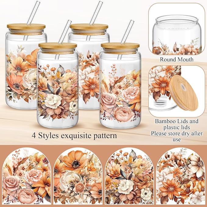 Mumufy 4 Pack Wildflower Glass Cups Gift Aesthetic Cute Glass Cup Tumbler Flower Iced Coffee Mugs 16 oz with Bamboo Lid & Straw, for Wedding Birthday Bridesmaid Mom Baby Shower