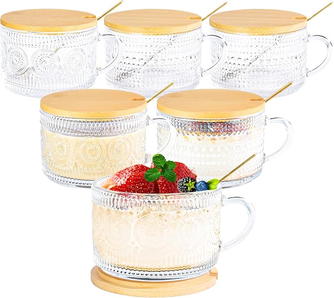 14oz Glass Coffee Mugs with Lid Set of 6 Vintage Glass with Spoon | Set of 6, Hobnail Sunflower Style, Includes Handle, Includes Spoon