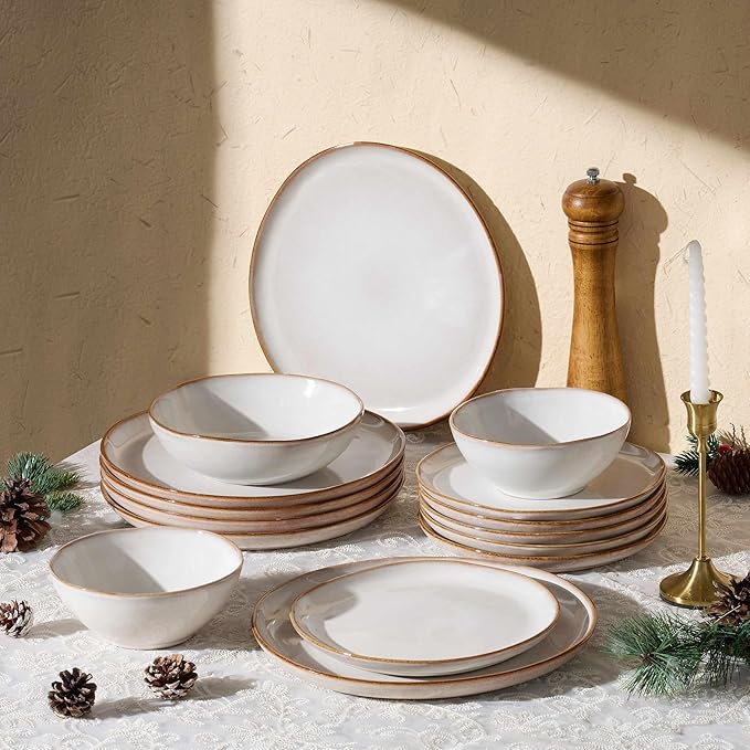 Herogo 24Pcs Plates and Bowls Dinner Set, Stoneware Dinnerware Dishes Sets for 6, Ceramic Dishware Tableware Includes Dinner Salad Plates, Soup Bowls, Microwave & Dishwasher Safe, Pearl White