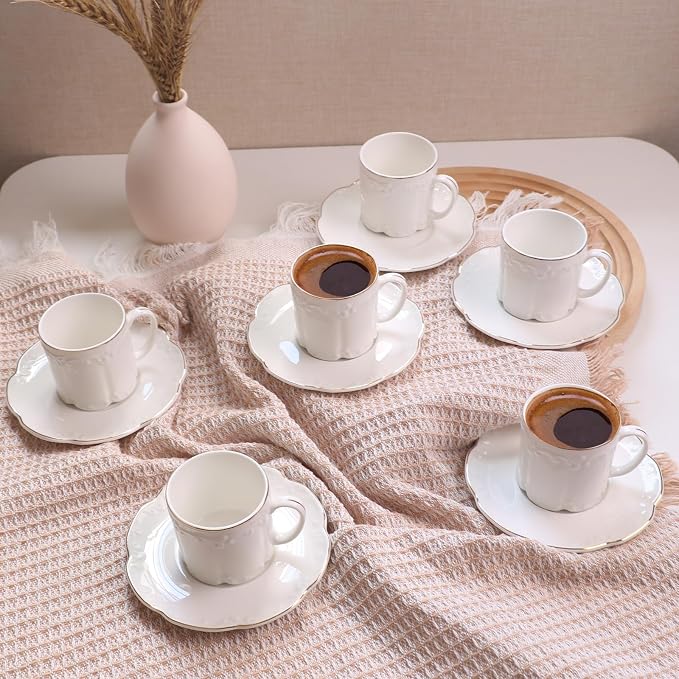 GuangYang 3oz Fine Porcelain Espresso Cups and Saucers,Embossed White with Gold Trim, Demitasse Cup Set for Espresso,Double Espresso,Macchiato,After-dinner coffee servings