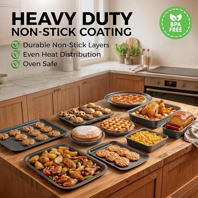 PERLLI Non-Stick 10-Piece Bakeware Set – Carbon Steel with Even Heat Distribution, Oven Safe to 446°F, BPA-Free, Dishwasher Safe, Stackable Baking Tools for Easy Storage and Everyday Cooking - Gray