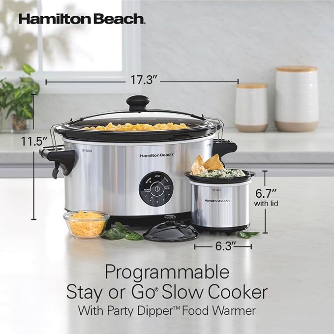 Hamilton Beach 7 Quart Stay or Go Portable Programmable Slow Cooker | 15 Cooking Options | Clip-Tight Glass Lid For Easy Travel | 20 oz Party Dipper | Dishwasher Safe Stoneware Crock | Silver